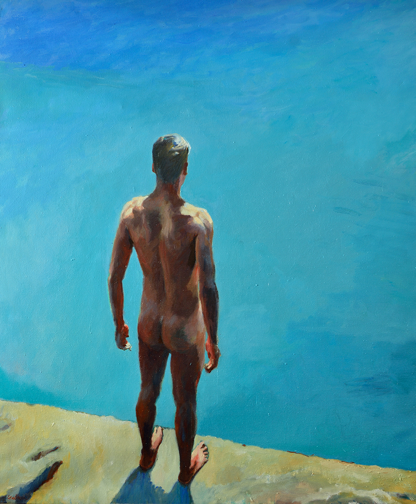 Painting of nude man on cliff edge
